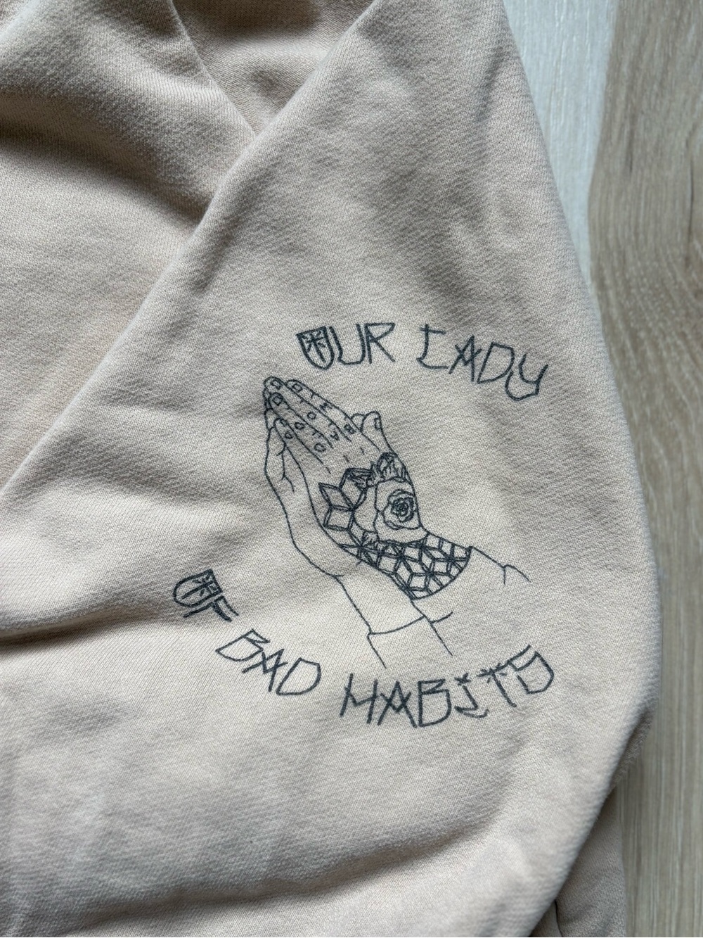 Badwood Women’s Small Graphic Zip Up Hoodie Cream Beige Streetwear Prayer Hands - Picture 5 of 11